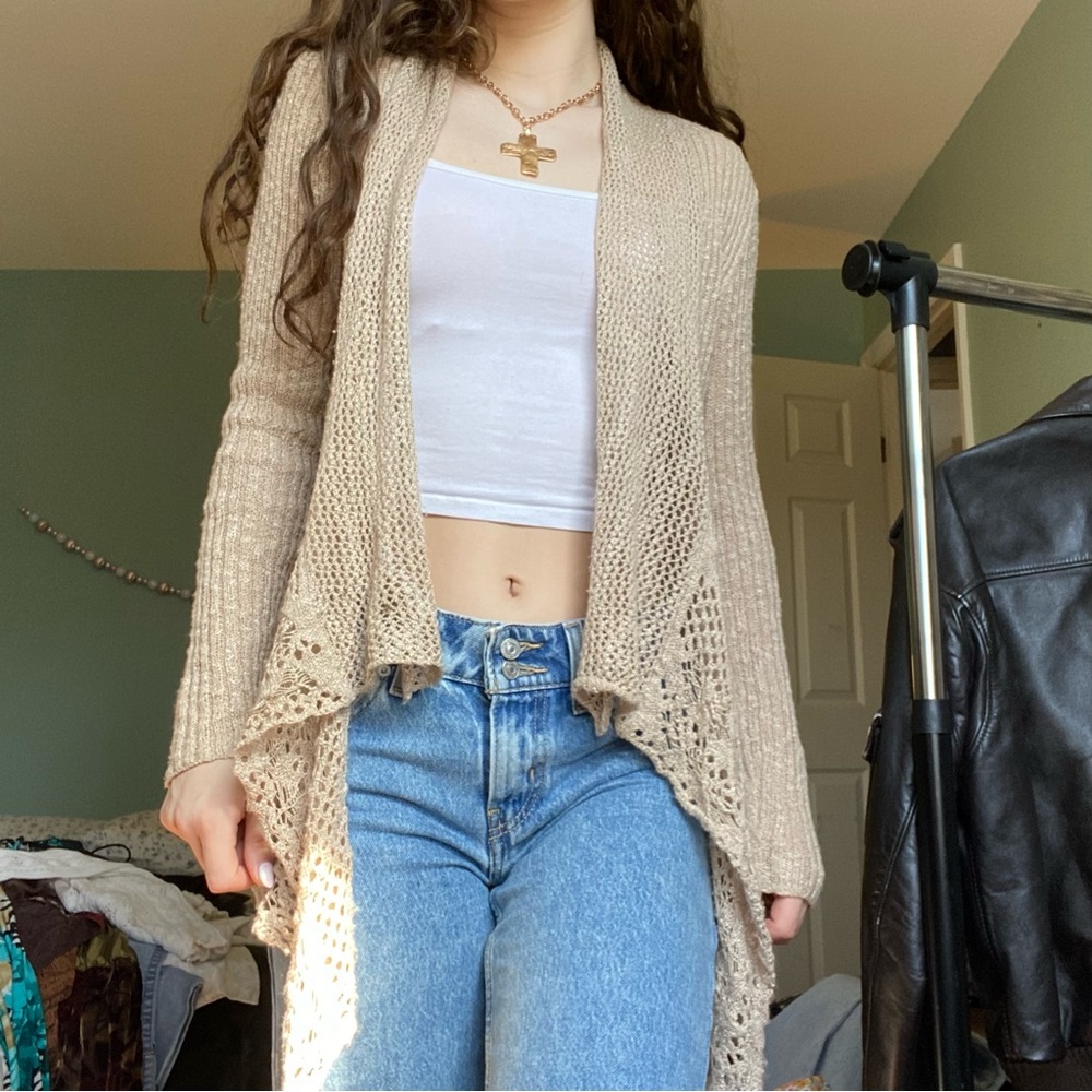 Y2K crochet tan flowy cardigan - beachy, cottage core